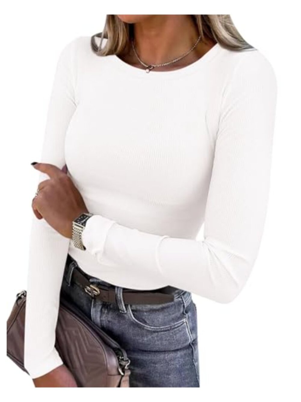 Women's Long Sleeve Ribbed Knit Fitted Crew Neck T-Shirt Casual Fall Top